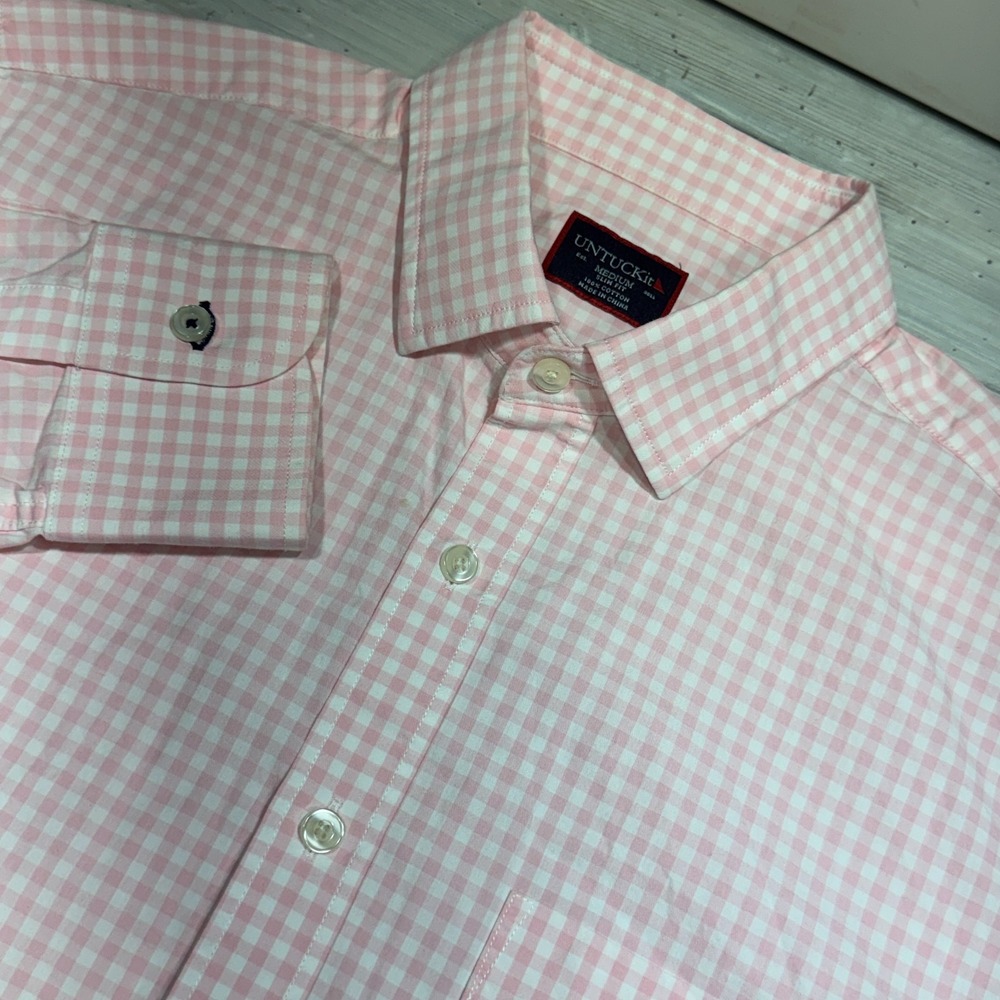 UntuckIt Button Down Shirt Mens Sz M White Pink Check Plaid Slim Fit 100% Cotton